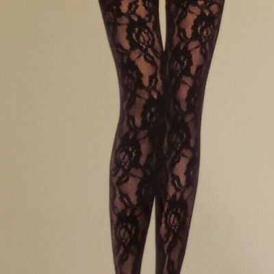 Leg Avenue ~ Black ~ Women's One Size ~ Rose Lace Stockings w/Lace Top ~ T-5